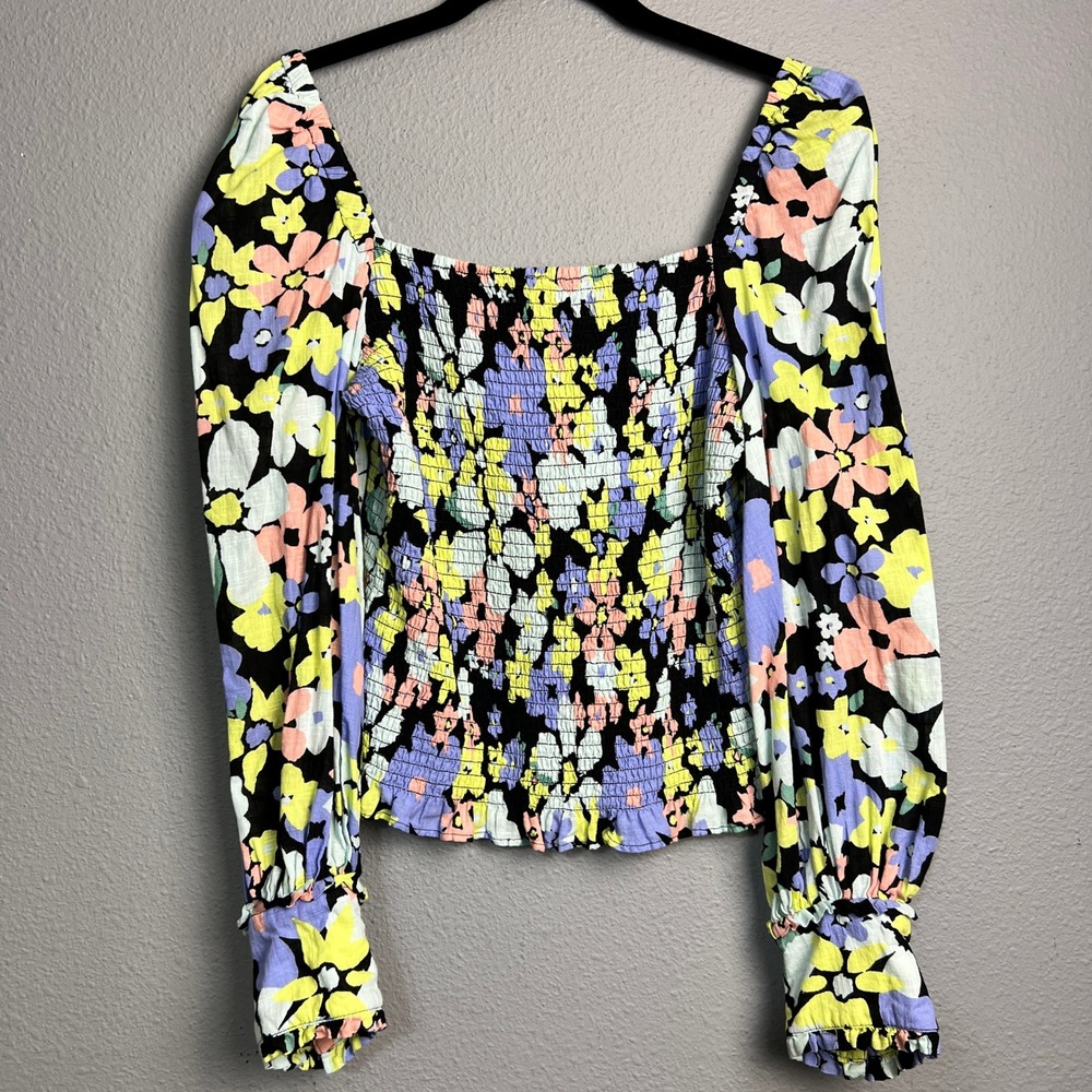 Free People Ariana Smocked Square Neck Floral Long Sleeve Crop Top Womens M